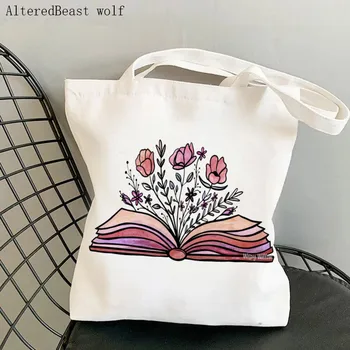 Женщины Сумка-шоппер открытая книга цветы Печатное искусство Сумка Harajuku Холст Сумка для девочек Сумка Tote Женская сумка