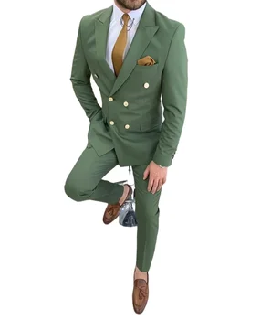  Зеленый двубортный мужской костюм для избыточного веса Свадебные смокинги больших размеров для жениха Синий 2 шт. Изготовленный на заказ формальный деловой костюм
