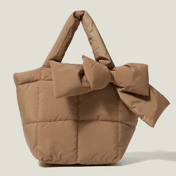 Зимняя сумка через плечо Tote Bowknot для женщин 2021 Водонепроницаемые нейлоновые сумки Space Pad Cotton Feather Down Женские сумки