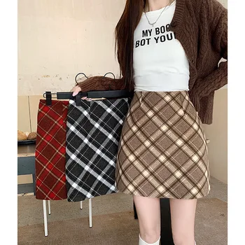 Контрастная шерстяная мини-юбка в клетку в стиле ретро для женщин 2023 зимняя юбка с завышенной талией и бедрами Одежда Y2k
