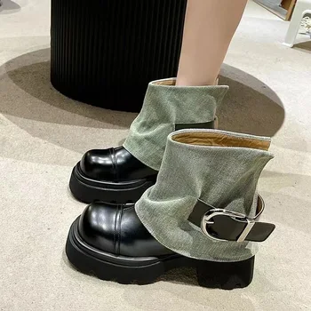 корейские короткие ботинки с квадратным носком 2024 года Новая осень Cool Коренастый джинсовый ремень с пряжкой Ботильоны Модная винтажная повседневная обувь