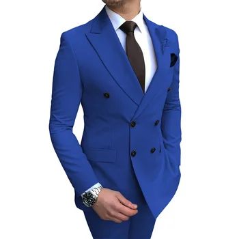 Королевский синий Мужские костюмы Формальные деловые свадебные костюмы Пиджак шафера Жених Смокинги Приталенный костюм Homme (пиджак+брюки)