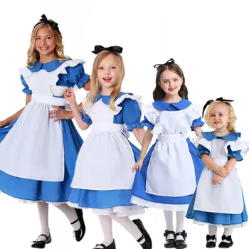 Костюмы на Хэллоуин для девочек Алиса в стране чудес Костюм Дети Ребенок Синяя Горничная Фартук Лолита Косплей Карнавальная вечеринка Маскарадное платье