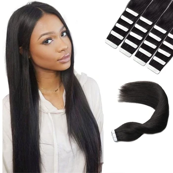 Лента в человеческих волосах # 1 Черный цвет Прямые натуральные наращивания 22 24 26 дюймов 100% Remy Skin Weft Adhesive Glue On для женщин