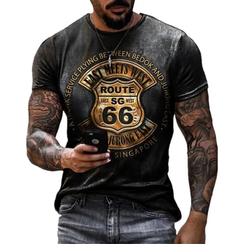 Летние мужские футболки Свободная одежда оверсайз Винтаж с коротким рукавом Мода Америка Route 66 Буквы Печатные O Футболки с воротником