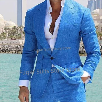 Летний повседневный синий элегантный костюм для мужчин Slim Fit Пик Лацкан Жених Выпускной Смокинги 2 шт. Наборы Красивый Мужской Блейзер Костюм Homme