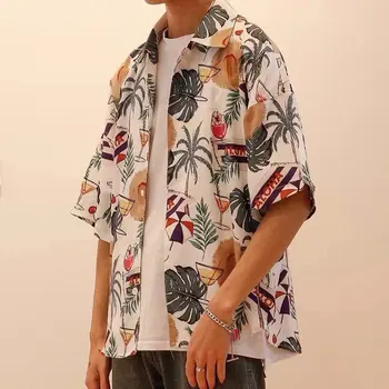 Летняя мужская рубашка оверсайз с принтом и коротким рукавом Пляжная быстросохнущая свободная рубашка Гавайский пляжный отдых Туристическая рубашка