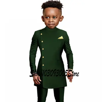 Мода Африканский темно-зеленый костюм для мальчиков 2 шт. Вечеринка Свадебный смокинг Детская куртка Брюки Изготовленный на заказ детский костюм 2-16 лет