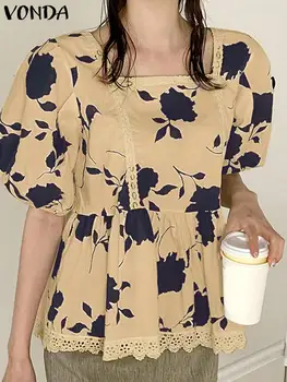 Модная женская блузка 2023 VONDA Сексуальные топы с квадратным вырезом Элегантные кружевные рубашки с коротким рукавом в стиле пэчворк Свободный верхний чехол Blusas Baggy