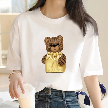 Модная женская футболка в стиле ретро Аниме медведь узор женская одежда летняя футболка с V-образным вырезом и короткими рукавами Уличная женская одежда Харадзюку