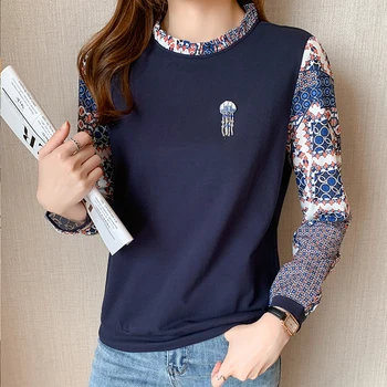 Модная женская футболка Повседневные топы с принтом Футболка Базовые рубашки с низом Женская футболка с о-образным вырезом и длинным рукавом