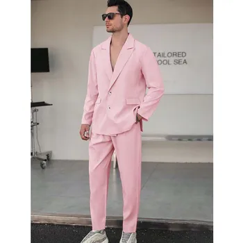 Модные розовые костюмы для мужчин Шикарный повседневный пиковый лацкан Однобортный свадебный жених Вечеринка Смокинг Комплект из 2 предметов Костюм Homme 2023