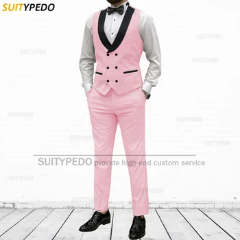 Модные розовые костюмы для мужчин Slim Fit Выпускной свадебный костюм Жилет Брюки 2 шт. Жилет Набор Формальные смокинги для мужчин ( Жилет + брюки )