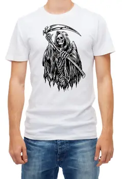 Мрачный скелет жнеца Белая мужская футболка с коротким рукавом K1013