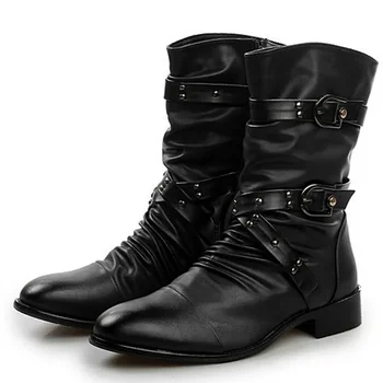 Мужские кожаные ботинки Высококачественные байкерские ботинки Черная обувь в стиле панк-рок Мужские женские высокие ботинки Размер 38--48