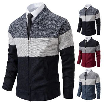  Мужской осенне-зимний теплый свободный вязаный свитер 2023 Новый незаменимый ретро с воротником-стойкой Кардиган-свитер с цветными блоками для мужчин