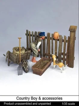 Неокрашенный набор 1/35 Деревенский мальчик с аксессуарами фигурка Историческая миниатюрная модель из набора смолы