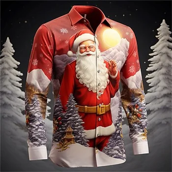 Новая повседневная мужская рубашка с принтом Санта-Клауса Открытый рождественский уличный лацкан с длинными рукавами пуговицы белый розовый мужской топ
