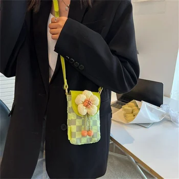  Новая холщовая мини-сумка через плечо Повседневная женская мобильная телефонная упаковка Трехмерный цветочный узор в клетку Один плечевой пакет