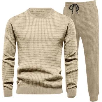 Новые маленькие мужские комплекты с квадратной сеткой, спортивные пуловеры с круглым вырезом, топы и повседневные брюки на открытом воздухе, твердый осенне-зимний костюм