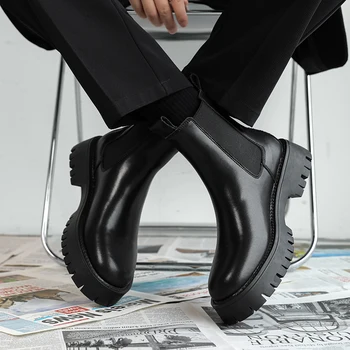 Новые мужские ботинки челси Высокие дымовые сапоги для мужчин Спилки из кожи ANKLE Круглый носок Слипоны Мужские ботинки Размер 38-48 