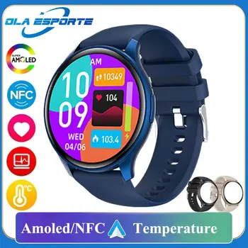 Новые умные часы NFC AMOLED Мужские и женские термометры BT Беспроводной вызов Голосовой помощник GPS Спорт Фитнес Смарт-часы для Android IOS