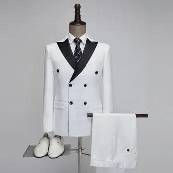 Новый черный спарринг воротник смокинг костюмы для мужчин белый двубортный пиджак блейзер брюки 2 шт. набор свадебный роскошный жених вечеринка