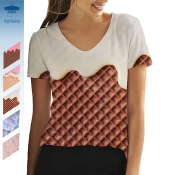 Нормальный размер V-образный вырез Женская одежда Творчество Одежда Мороженое 3D-печатный Kawaii Женский летний с короткими рукавами Мода Уличная одежда