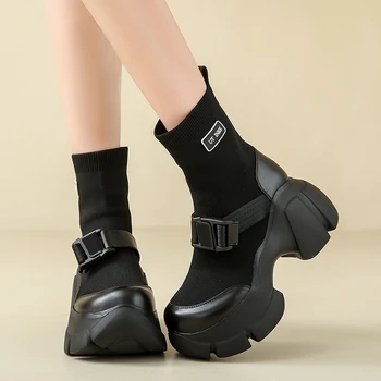 Обувь для женщин 2023 Зимние женские эластичные носки Удобные спортивные короткие ботинки на толстой подошве Модная готическая обувь с круглым носком
