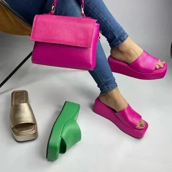 Обувь для женщин 2024 Летние тапочки на платформе с квадратным носком Женские однотонные тапочки Lolita Женские пляжные тапочки на толстом каблуке