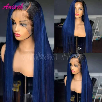 омбре синие кружевные передние парики человеческие волосы 13x4 13x6 прозрачный кружевной фронтальный парик бразильский прямой бесклеевой парик из натуральных волос