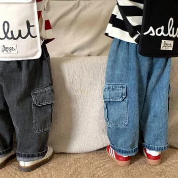 Осень Мальчики и девочки однотонные джинсовые брюки-карго Unsiex детские большие карманы свободные прямые джинсы