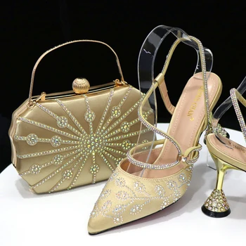 Остроконечный топ 2023 Сандалии на высоком каблуке Мода Горный хрусталь Сексуальный нигерийский женский набор обуви и сумки для вечеринки Свадебные туфли