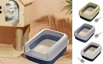 Открытый кошачий туалет Лоток большой вместимости с высокими бортами Коробка с высокой спинкой и лотком для котят Scooper Sandbox для домашних животных
