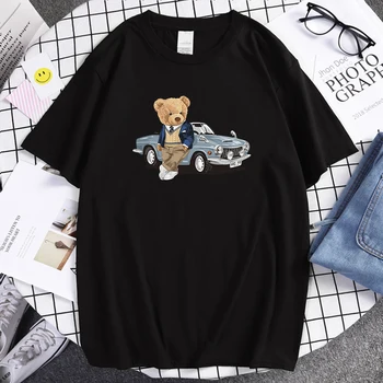 Плюшевый мишка рядом с автомобилем Высококачественная рубашка с принтом Мужская хлопковая футболка с индивидуальностью Повседневная бренд Топ Винтаж S-Xxxl Мужская футболка