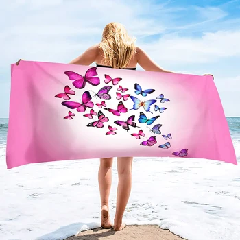  Пляжное полотенце с принтом бабочки Негабаритное,Пляжное полотенце из микрофибры Быстросохнущее легкое большое полотенце Супервпитывающее полотенце без песка