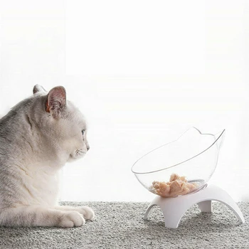 Прозрачная пластиковая миска для кормления домашних животных с приподнятым дном Симпатичная кошачья мордочка Приподнятая чаша для кошки Маленькая собака Наклон 15 градусов Защитная шея