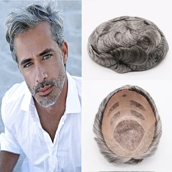 Прочная мужская подушка из человеческих волос Швейцарская кружевная основа с серыми протезными системами для замены NPU