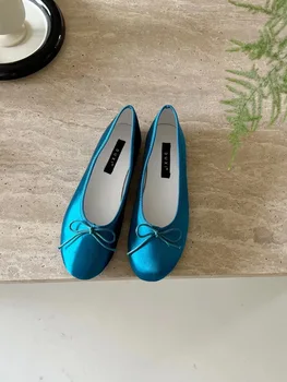 Ретро Женская обувь Повседневные женские кроссовки с мелким ртом Балетки с бантом Круглый носок Платье-бабочка Мокасины Балерины Fabri