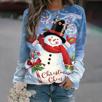 Рождественская женская футболка Kawaii Snowmen Print Имитация хлопка Футболка Harajuku Lady с длинными рукавами Свитер Мода Уличный пуловер