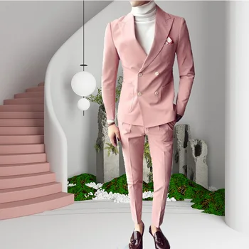 розовый Модные костюмы Куртка С Брюками Классический Дизайн Slim Fit Мужчины Две части Носить Бизнес Свадьба Жених Блейзер Формальный Terno