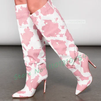 Розовый принт коровы Сапоги на высоком каблуке Женская мода с острым носком Повседневные сапоги до колена Женские изящные осенние двухцветные лоскутные сапоги