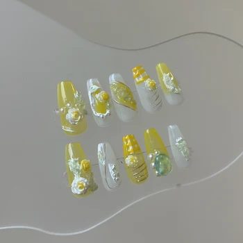  Ручная работа Носимые искусственные ногти Лето Желтый Цвет 3D Рельефный Дизайн Пресс На Ногтях Накладные Ногти Полное Покрытие Носить Ногти