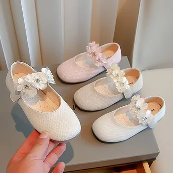 Свадебные туфли для девочек Белые цветы Мэри Джейн Обувь Bling Princess Балетки для детей Танцевальная обувь Весна Лето 294R