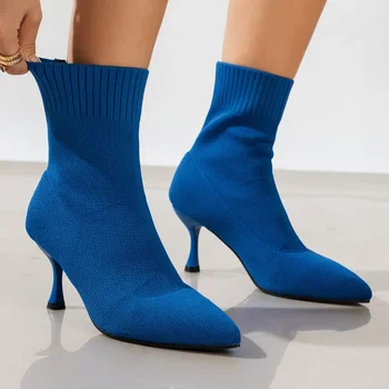 сексуальные ботильоны на высоком каблуке для женщин осень зима трикотаж слип на стрейч носки сапоги женщина с острым носком тонкий каблук туфли botas