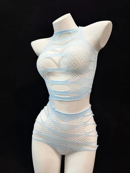 сексуальный сетчатый комплект нижнего белья полые ультракороткие топы мини-юбка без чашечки без промежности порно костюм прозрачный ажурный боди