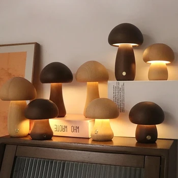 Симпатичная деревянная прикроватная настольная лампа со светодиодным ночником с сенсорным переключателем Украшение комнаты Высокоуровневая экологическая грибная лампа
