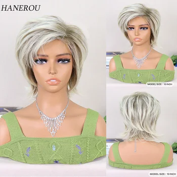 Синтетический короткий прямой парик Pixie Cut Gradient Blonde с боковой челкой Искусственные волосы для женщин Ежедневный косплей Парик Термостойкое волокно