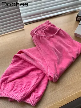 Сладкие розовые шаровары для женских осенних и зимних спортивных брюк 2022 года Вельветовые повседневные брюки с капюшоном Спортивные штаны Студент