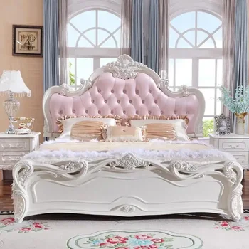  Стиль Спальня с двуспальной кроватью Минималистичная кровать принцессы Свадебная кровать из массива дерева Современная домашняя мебель